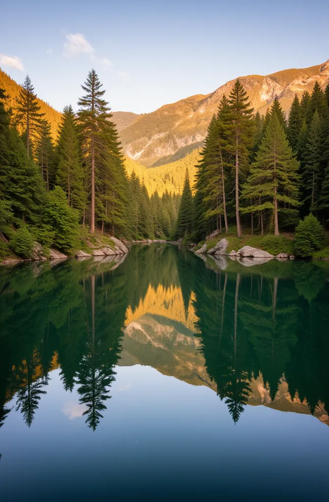 Capture a serene lake reflecting a dense forest during golden hour. The composition should emphasize symmetry, with the horizon line perfectly dividing the image. Use a DSLR camera with a wide-angle lens, setting the aperture to f/8 for depth of field, ISO...