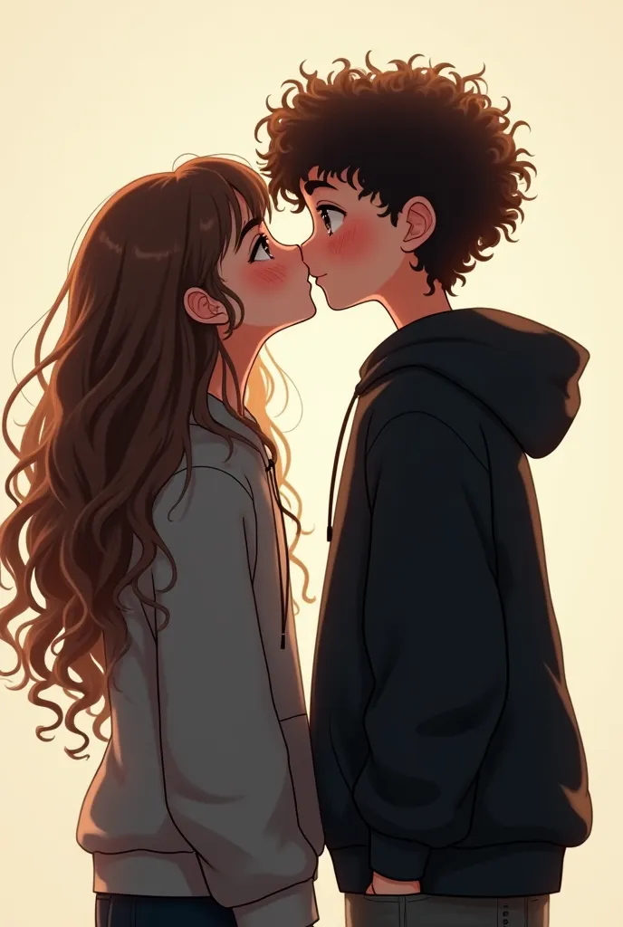 Create an image of two girls kissing: One girl has long curly hair and is shorter than the other; The other girl is slightly taller, She has short and very curly hair, He wears a black sweatshirt and has round rimless eyes