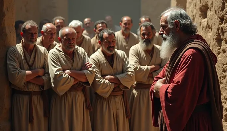 A circle of older men, dressed in shabby tunics, watching Joel a prophet from the Bible, with skeptical looks. Some cross their arms , others murmur to each other.  The tension in the air is palpable .