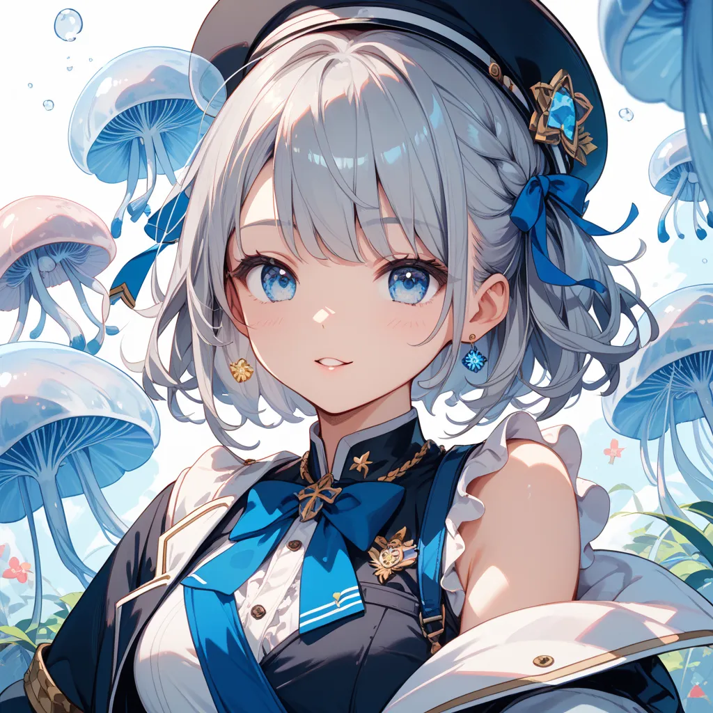 one woman、Gray Hair、jellyfish hair、light blue eyes、 cute、uniform