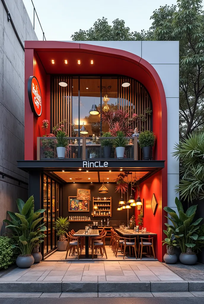 Small cafe restaurant in the Philippines, red, white and black theme, with circle signage on the side, with a “redbucks cafe” name. Make the style more like Philippines