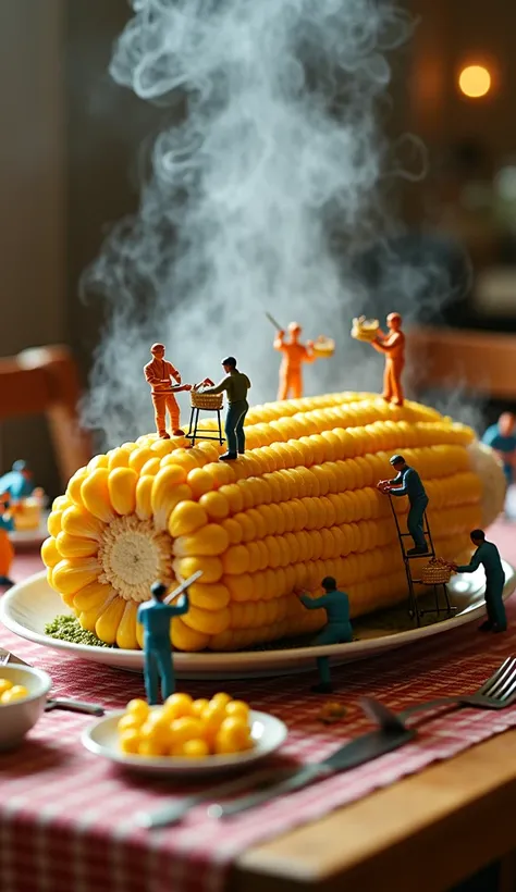 "A highly detailed, cinematic scene of miniature workers processing a giant steamed corn on a plate, placed on a dining table. The workers, both men and women, use tiny knives, baskets, and tools, while steam rises around them, creating a warm and cozy atm...