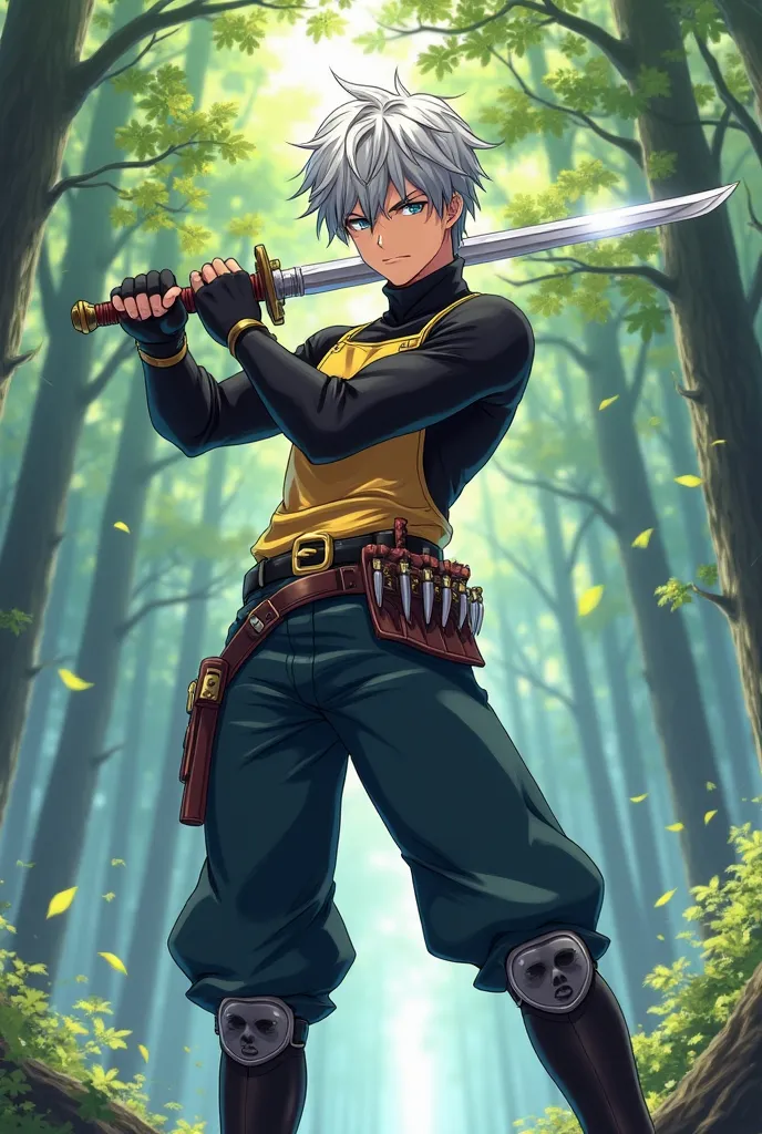 Anime illustration is bright and rich, guy with short grey hair, dressed in black hair, top turtlenecks gold bib, dark blue pants and a belt with pockets containing knives, black knee-length boots metal insert. He holds a shiny silver sword in his hand and...