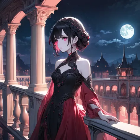 An alien woman with short black hair in a braid, pale skin, shy and embarrassed, pink eyes, wearing a beatiful black and red dress. The background is a balcony of a palace at night.