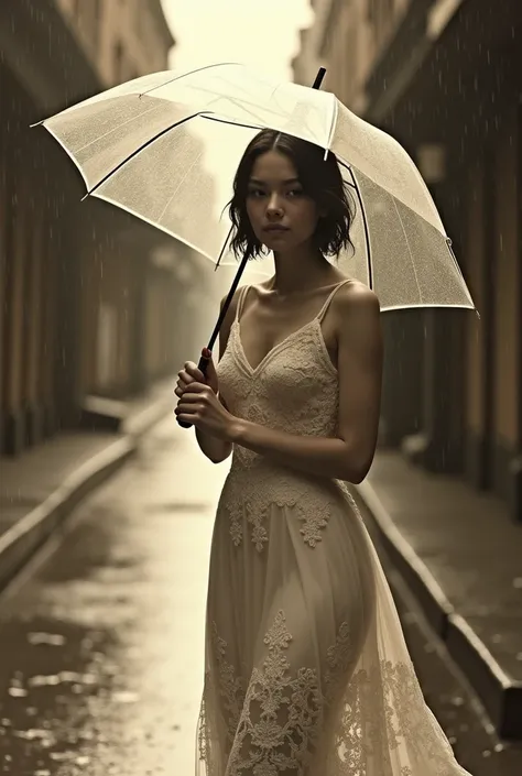 Sepia tone of a beautiful woman, short hair loose and slightly wet, wearing a long lace dress, walking looking at the camera in the rain holding a transparent umbrella, the background is an abandoned city street.