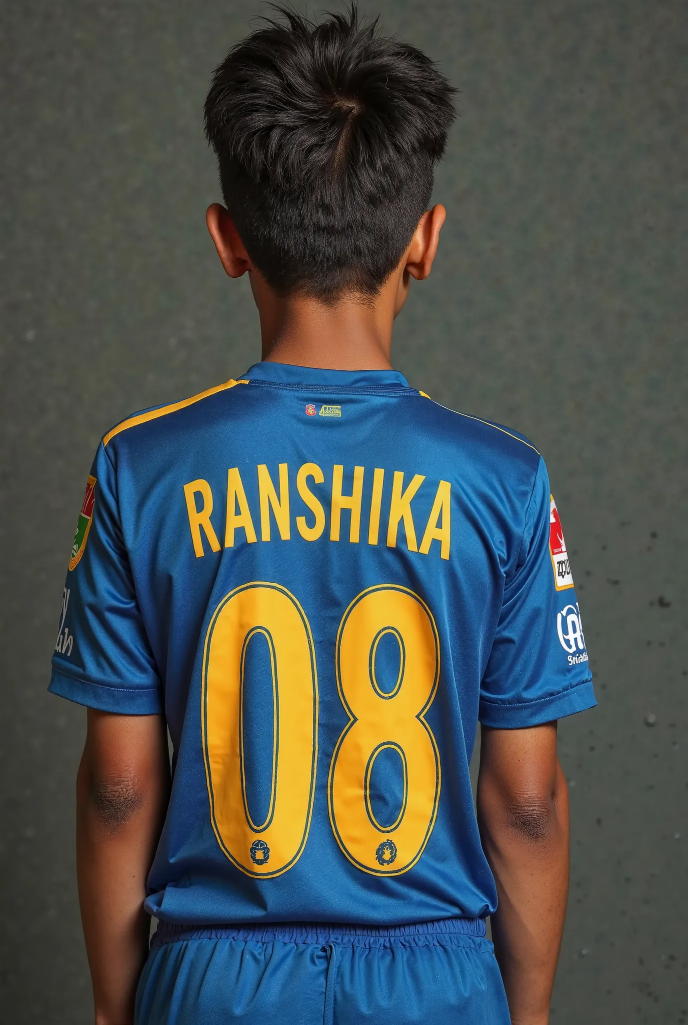 A boy with black hair
An official jersey of the Sri Lanka cricket team is being pulled
NAME AND NUMBER 08 RANSHIKA ON THE PAGES OF JERSEY,තිබේ
ආර් ප්‍රේමදාස ක්‍රිඩාංගනයේ සිටගෙන පිටුපස හැරී සිටින  කොල්ලෙක්