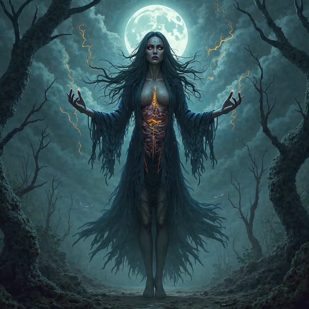 “A dark and mysterious villainess inspired by the traditional Thai ‘กระสือ’ folklore. The character is a woman with long, flowing hair, but with a supernatural twist: her head and internal organs are floating above her body, suspended by glowing, ethereal ...