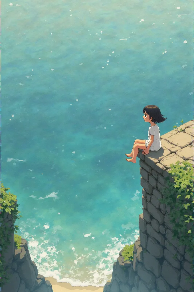  Hayao Miyazaki painting style ，Below is the sea ，Girl perspective，Stick your legs out，directly above， First Perspective，