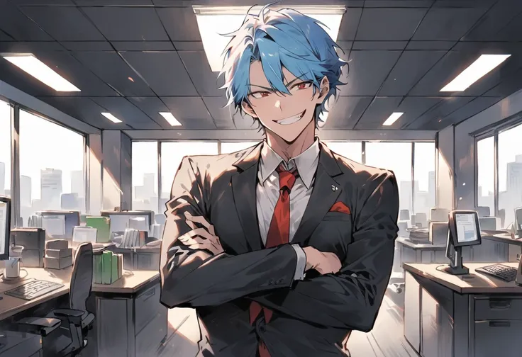 At work in an office, one man, 40 years old, short hair, blue hair, grinning face, fearless smile, arms crossed, red tie, black business suit, dignified appearance, standing