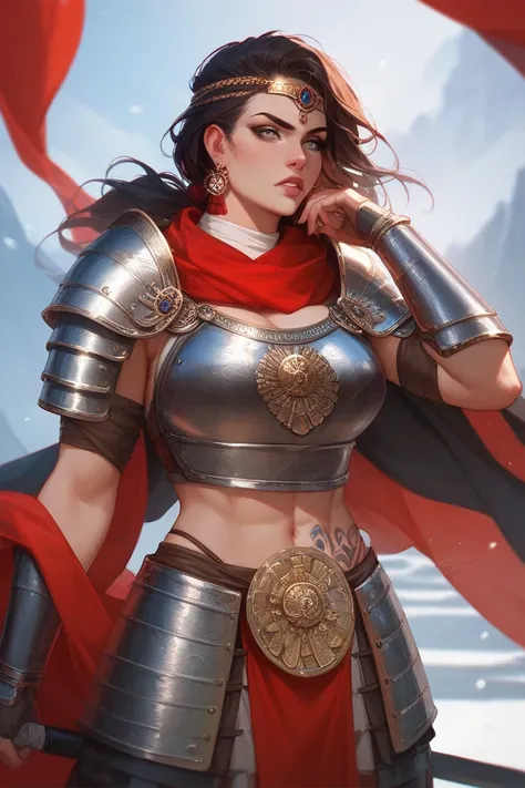 A woman with short black hair and grey eyes,She has a strong muscular body, is cool and fierce.She has a beautiful face that looks cold and fierce.She's wearing cool ancient armor, looking intimidating.On her arm is a tattoo of dark red letters that look m...