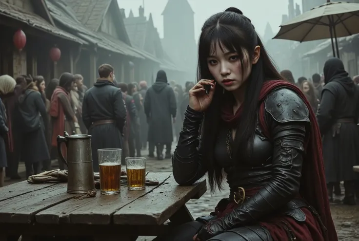A graceful Asian female elven ninja sorceress, clad in tight layered dark armor and leggings. Sitting at a scarred picnic table in a crowded, rowdy European medieval beergarden surrounded by machine monsters, Her dark hair complements the black ruby and go...