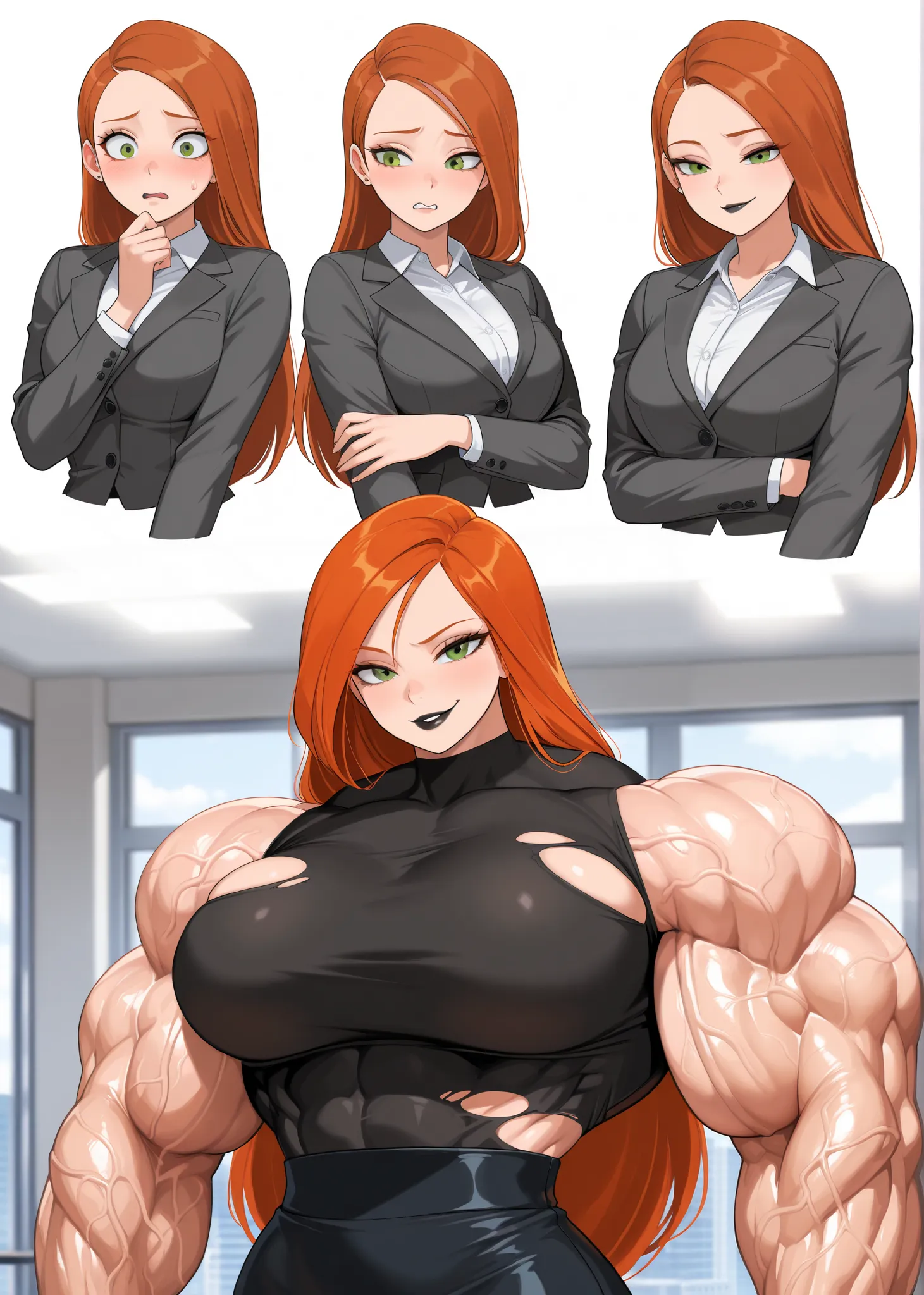 (masterpiece), (cute goth), sexy smirk,), (best quality), , (beautiful Kim Possible Muscle), (green eyes, long hair, orange hair, breasts, black lips), , Score_9, Score_8_up, Score_7_up, Score_6_up, ,masterpiece,best quality,amazing quality,very aesthetic,...