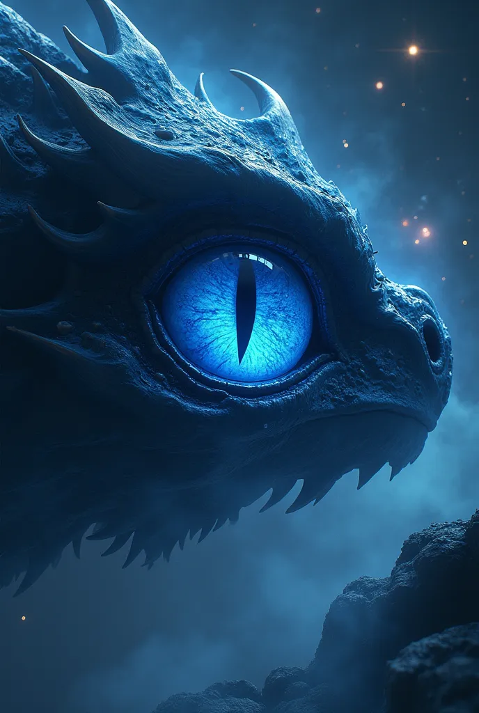 In the depths of the night sky, a colossal dragon eye hovers, its pupil emitting a haunting blue glow. The eye is surrounded by twinkling stars and a delicate mist, creating an ethereal aura. The intricate details of the dragon eye include scales with a fi...