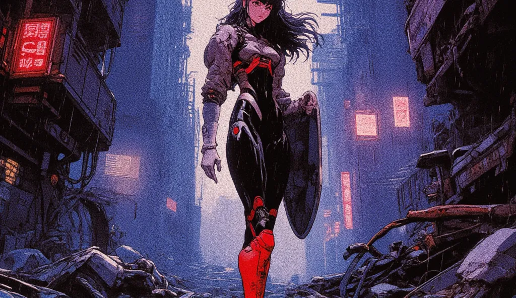 Masamune Shirow's Ghost in the Shell style blended with 80s/90s anime aesthetics like Akira, a full-body anime character from the top of her head to the tips of her feet with a sporty, athletic physique and toned curves, positioned centrally in a wide comp...