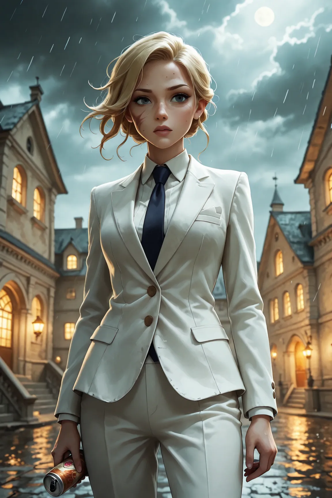 Thriller,  Stormy , a mysterious sexy agent in a white suit and with a scar on her face, which can disappear from the mini card for a few seconds, a mansion with traps and enemies from Free Fire , 16k, dark