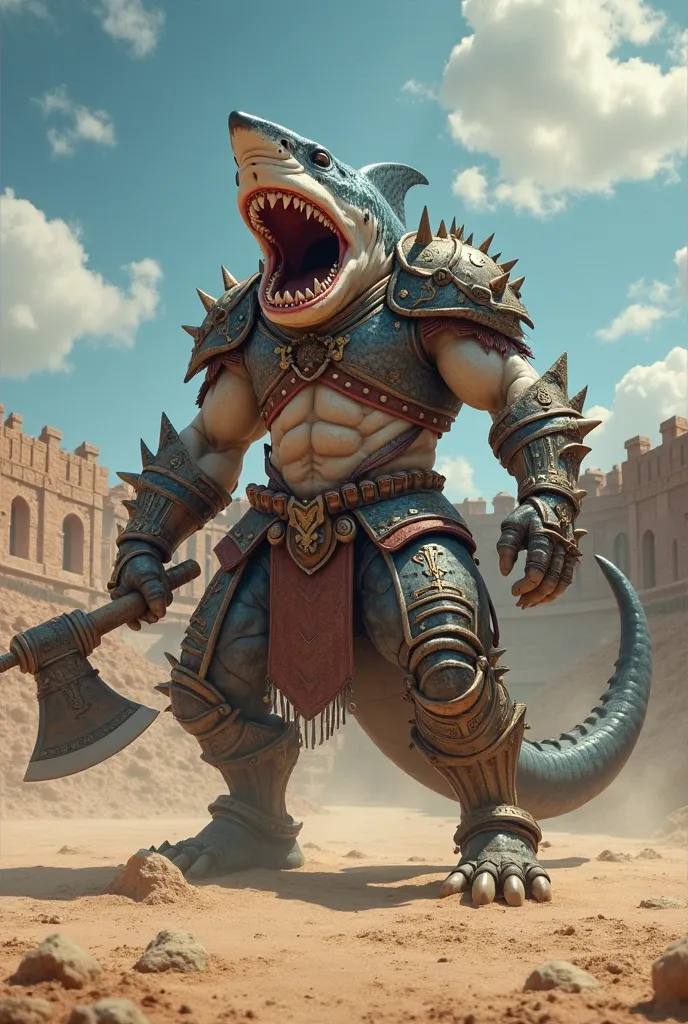 shark as gladiator in Australia themed armor,in gladiator arena, with one double edge axe
