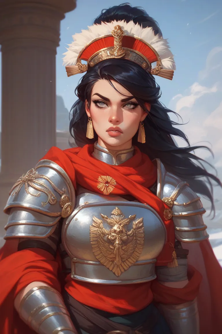 A woman with short black hair and grey eyes,She has a strong muscular body, is cool and fierce.She has a beautiful face that looks cold and fierce.She's wearing cool ancient armor, looking intimidating.On her arm is a tattoo of dark red letters that look m...