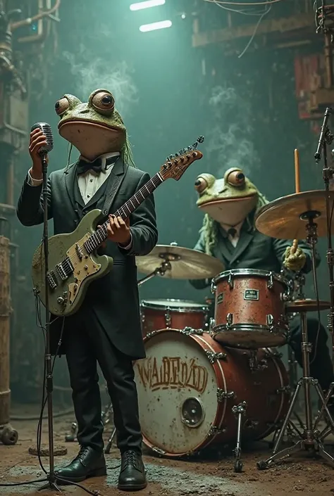 Create a hyper-detailed and atmospheric scene of a **Band of *sadcore metal*** withposta por **anthropomorphic cururu frogs** in fancy suits, but worn out, cada um with instrumentos e poses que withbinem melancolia e intensidade.  

**Band Member Details:*...