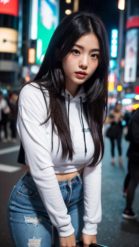 Shot from a low angle, a beautiful Japanese woman in trendy street fashion--a black oversized hoodie, ripped jeans, and sneakers--crosses the bustling Shibuya intersection. Neon lights from the surrounding billboards cast a vibrant glow on her face, illumi...