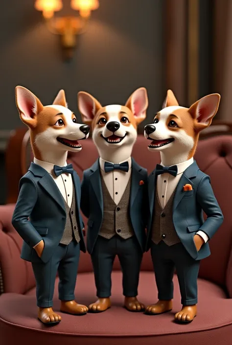 Three well-dressed dogs laughing 