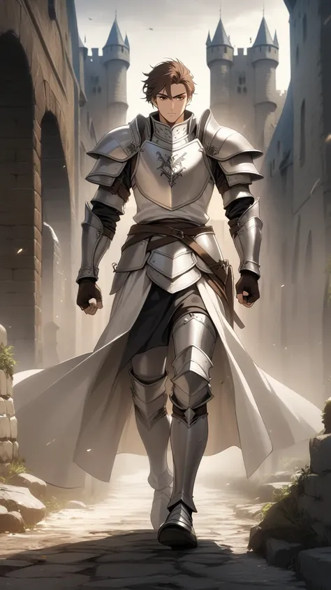 1Man，Alone， male focus ， Brown hair ， tall body ， fingertip gloves ，Silver and White Armor，Brown eyes，full body，perseverance，Castle Background，Medieval Knight
