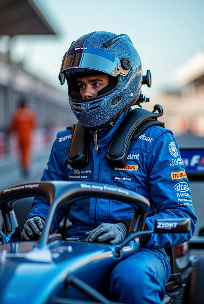 A formula one driver in blue overall with a HANS device made as a 3D printed mesh like a cristal