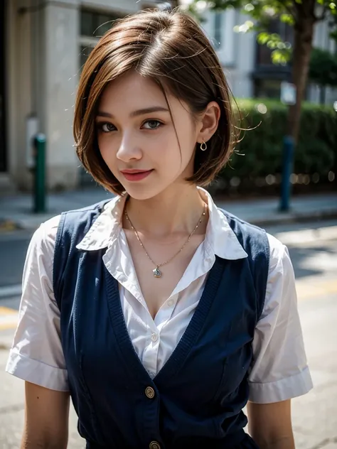 Top quality, ultra high resolution, realistic, Beautiful Woman, Beautiful detail eyes and skin, smile, Light brown short-cut hair. She is wearing (small earring, tiny necklace, school uniform:1.3, collared white shirt, royal blue vest, royal blue frilled s...