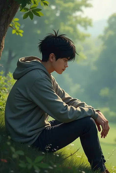 A 25-year-old thoughtful boy sitting on  at  grossy plot, wearing a grey hoodie, black hair, emotional face, realistic art style.
