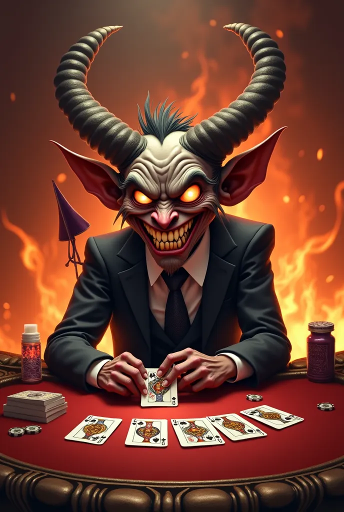 a cartoon demon playing poker cards in hell. a gaming table. flaming background.