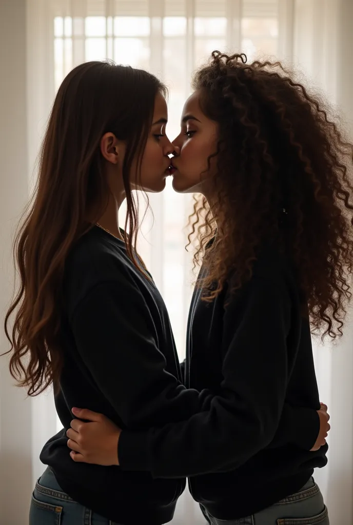 Create an image of two girls kissing: Does a girl have long hair, curly and dark hair and is shorter than the other; The other girl is slightly taller, She has hair that reaches her shoulders, very curly and dark, wears a black sweatshirt