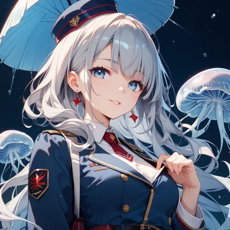 one woman、Gray Hair、jellyfish hair、light blue eyes、 cute、uniform、command center background