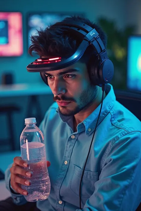 A man who has a gaming headset and drinks crystaline bottled water