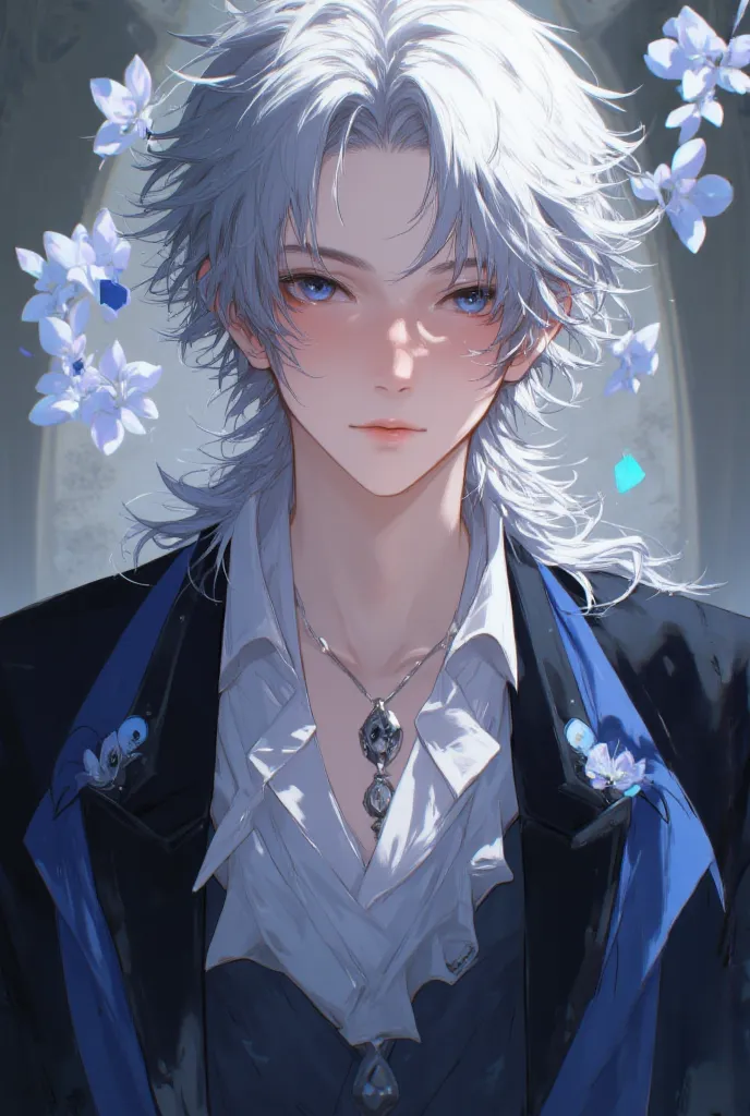 Boy, silver hair, dark blue eyes, sharp features, sharp nose, light white skin, shiny light pink lips, handsome, perfect, elegant, wearing formal clothes, high quality resolution, clear colors.