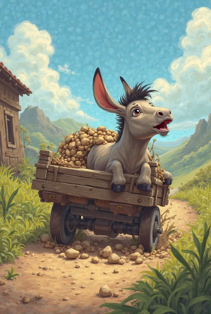 Donkey undermines a wooden cart