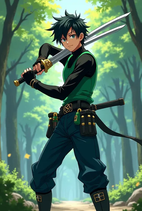 Anime illustration is bright and rich,  guy with short dark hair, wearing a black mask, dressed in black hair, green emerald bib on top of the turtlenecks, dark blue pants and a belt with pockets with grenades,  black knee-length boots emerald green insert...