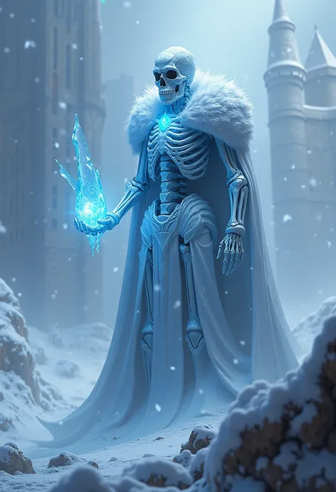 A skeleton ice king holding a crystalized Ice on his hand during winter season, Ice Castle theme Blizzard situation