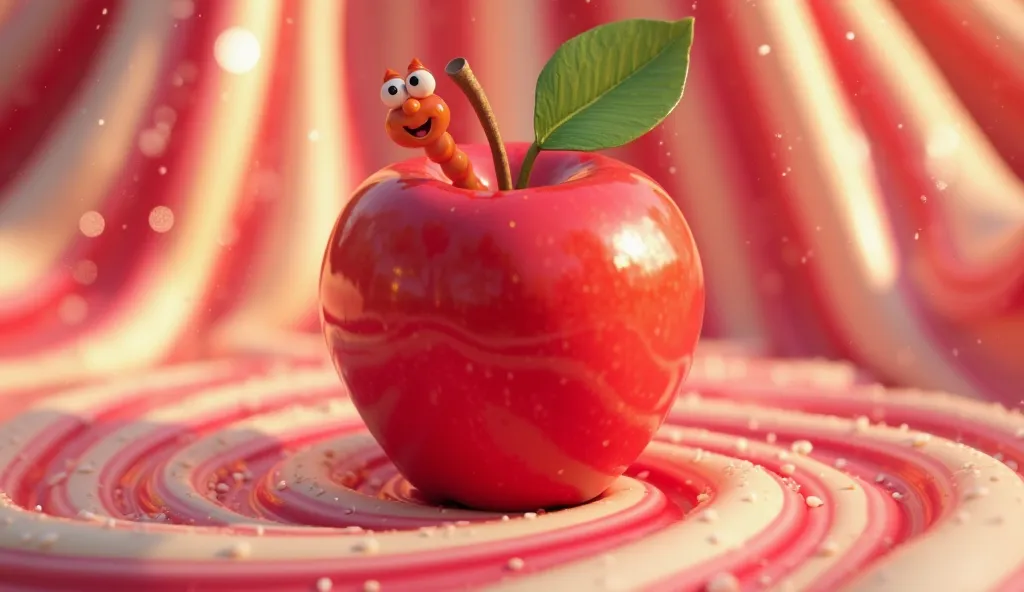 A vibrant, glossy red apple with a juicy shine, spinning on a candy swirl background. The apple wobbles as a cute animated worm pops out with a cheerful smile. 3D, ultra-HD, candy-style, shiny and smooth textures.