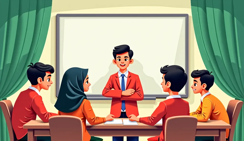 A 2D, cartoonish illustration of a Bangla spelling competition for Muslim s. The background is a light-colored room with a lively atmosphere. There are green curtains, a whiteboard, and a few chairs. The s are sitting at a table, focused on their spelling ...