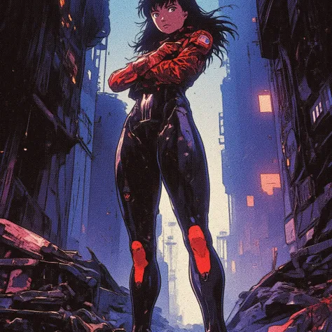 Masamune Shirow's Ghost in the Shell style blended with 80s/90s anime aesthetics like Akira, a full-body anime character from the top of her head to the tips of her feet with a sporty, athletic physique and toned curves, positioned centrally in a wide comp...