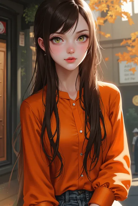 Girl, long, straight brown hair, olive green eyes, sharp features, light white skin, shiny light pink lips, beautiful, perfect, elegant, wearing a dark orange sleeved shirt, jeans, high-quality resolution, clear bright colors, autumn atmosphere.