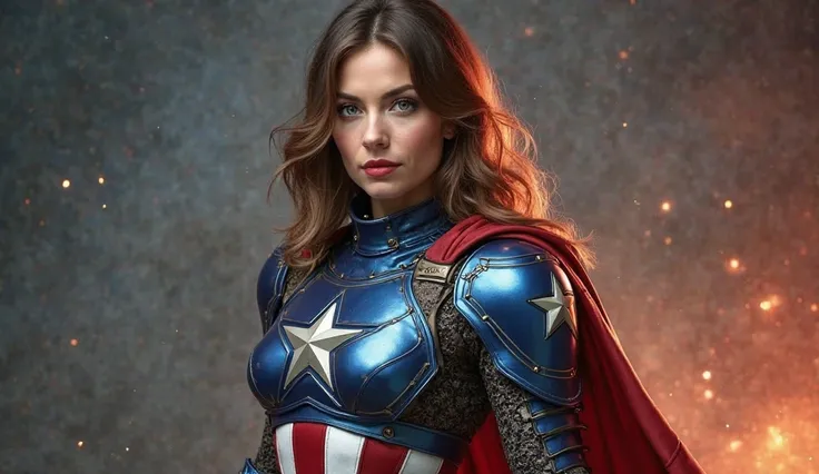 "Create an American woman dressed in armor, beautiful and muscular, with light skin, medium brown hair, and green eyes. She is wearing a suit of armor that reflects the colors of the United States flag—red, white, and blue. The armor is detailed and strong...