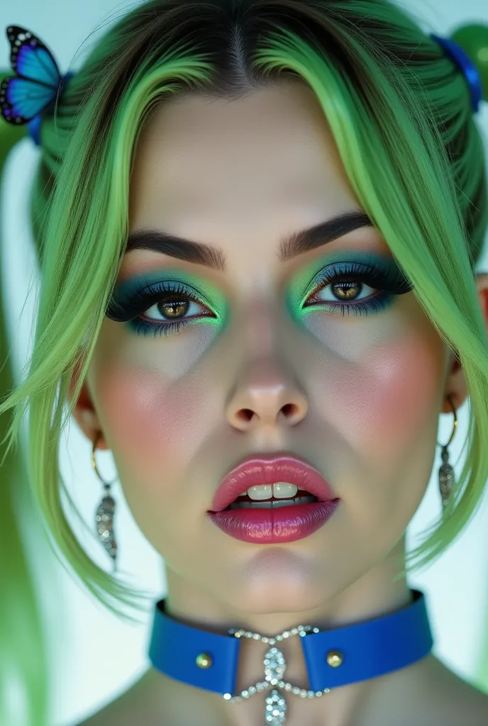 incredibly long and voluminous eyelash extensions, bright green makeup ,  green hair, two tails,  diamond earrings  , collar, bright blue lips, blue butterfly clip on the side of the hair