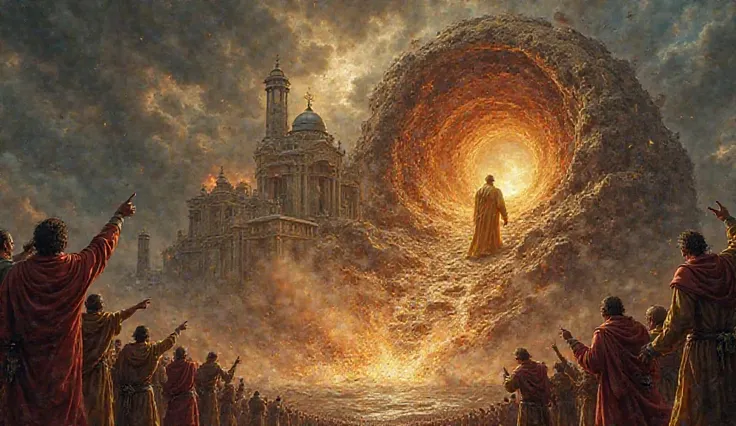 A very clear ultra hd dynamic image of"A dramatic scene where the earth is splitting open, swallowing a grand palace along with a wealthy man dressed in golden robes. People around are watching in shock and horror, some pointing towards the disaster. The s...