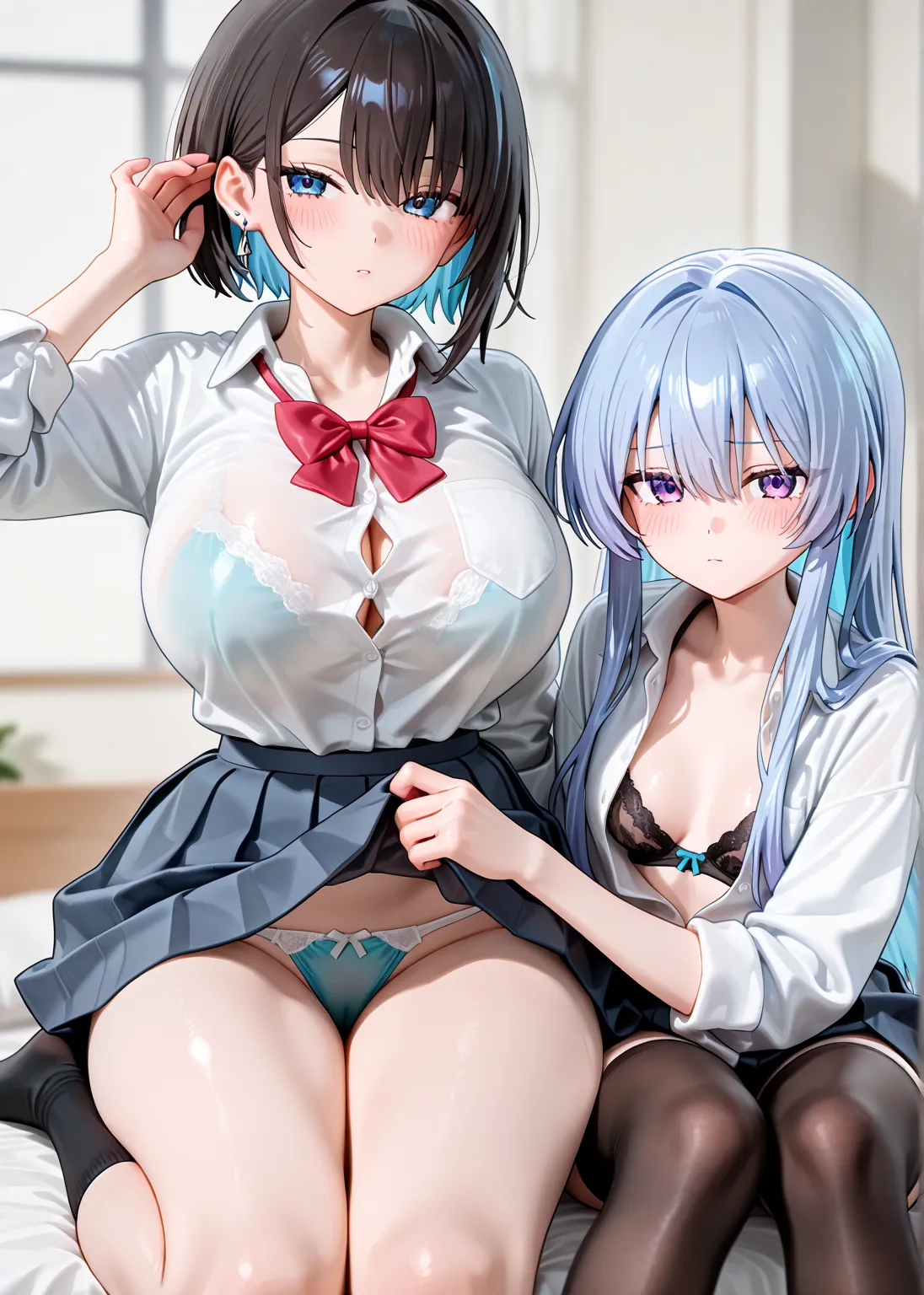 2 girls、 accurate human body structure 、8k,masterpiece, Best Quality,  Anime Girl ,  is exquisite and beautiful, when my earlobes were fueled 、  clear _picture、  vulgar、 high school girl 、 Horny girl 、 slim body、 is embarrassing、shy、（Girl 1、 in underwear、b...