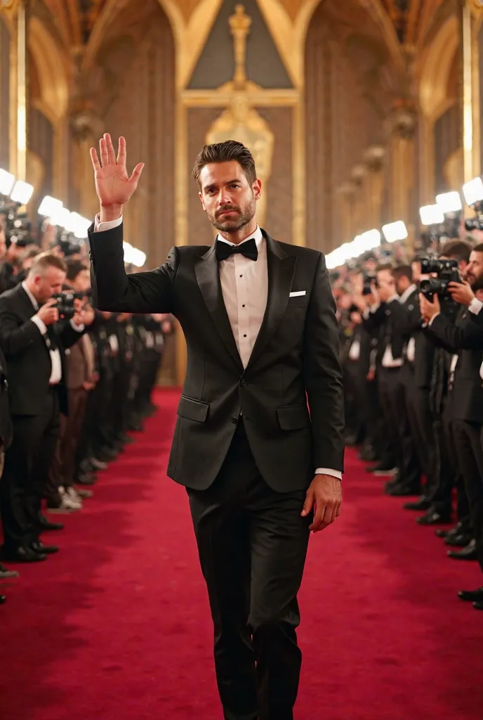 POV shot of me standing on the red carpet at the Oscars, surrounded by a crowd of photographers and fans. Bright camera flashes light up the scene, with many cameras pointed at me. I am wearing a perfectly tailored black tuxedo with a bow tie, exuding soph...