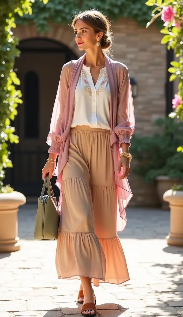 Graceful Modest Summer Outfit (65+ Women, Summer 2025 Trend)

1. Outerwear:

Light chiffon cardigan in dusty rose

Flowy, knee-length with delicate floral embroidery on the cuffs


2. Base Layer:

Soft cotton blouse in pure white

High-neck with subtle ple...