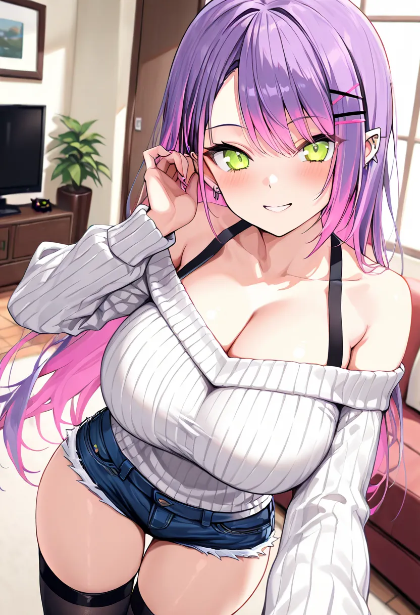 (Best Quality , 8k , masterpiece , incredibly absurdres , perfect body , super detailed skin , highly detailed eyes and face , 1 woman ) , tokoyami towa , purple Hair , Green eyes , smile ,  will be happy , ( off shoulder sweater, inner wear shoulder strap...