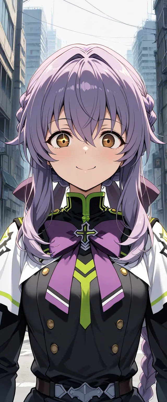 ( Masterpiece ), best quality, expressive eyes, purple hair, braid,  bun hair , shinoa hiragi the last seraph,  brown eyes ,  happy face, blushes, perfect face focused,1girl, , middle chest,Glare in the eyes, mouth open,  looks at the viewer , in shape,  b...