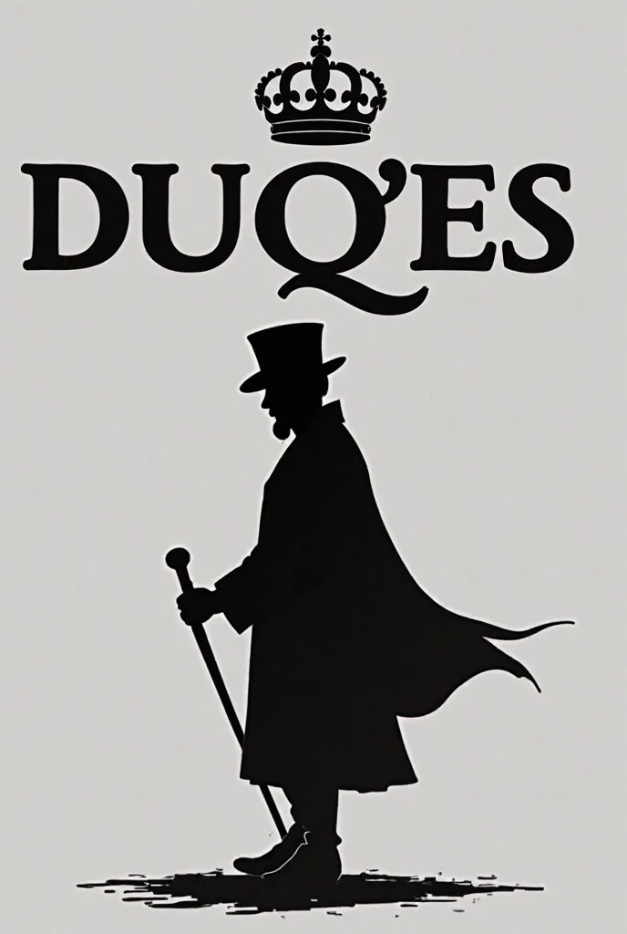 Please generate a black and white image with the word DUQ'ES for a brand logo and at the bottom a little duke with his cane and hat as a silhouette without erasing any letters with the most elegant and defined silhouette please and the small crown the lett...