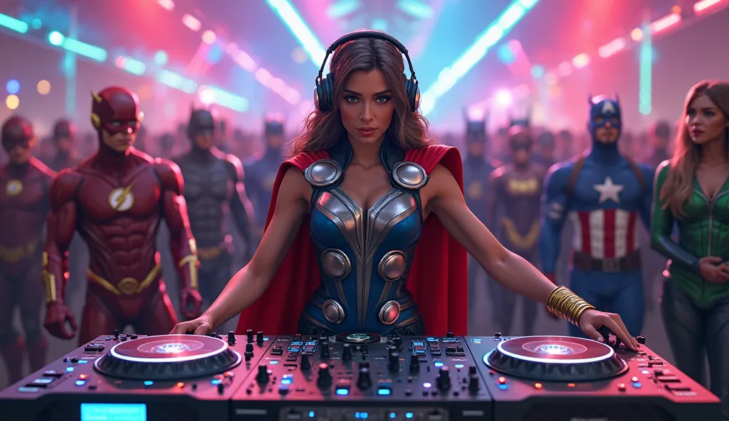 A DJ dressed in a realistic thor Woman costume ,  emblem on the chest, is positioned in a modern DJ booth. She is wearing a large headset over her head, focused on mixing music, with an expression of concentration and enthusiasm. Ao redor dele, on a dance ...